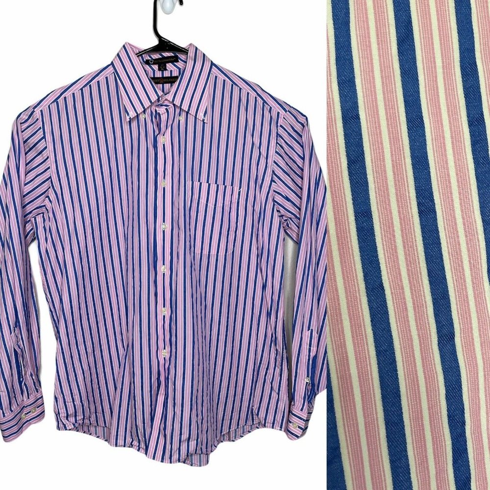 TOMMY HILFIGER Mens Sz XL Pink Blue Striped Button Down 17 36-37